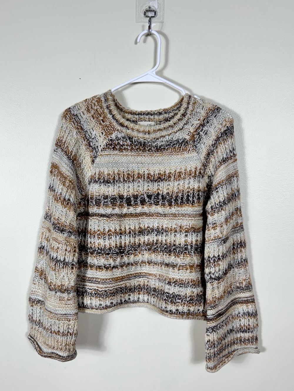 Women Bohemian Chunky Oversized Sweater Medium Indie Scandi Bell Sleeves Neutral